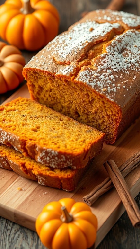A loaf of spiced pumpkin bread sliced, showcasing its moist texture, on a wooden board with pumpkins and cinnamon.